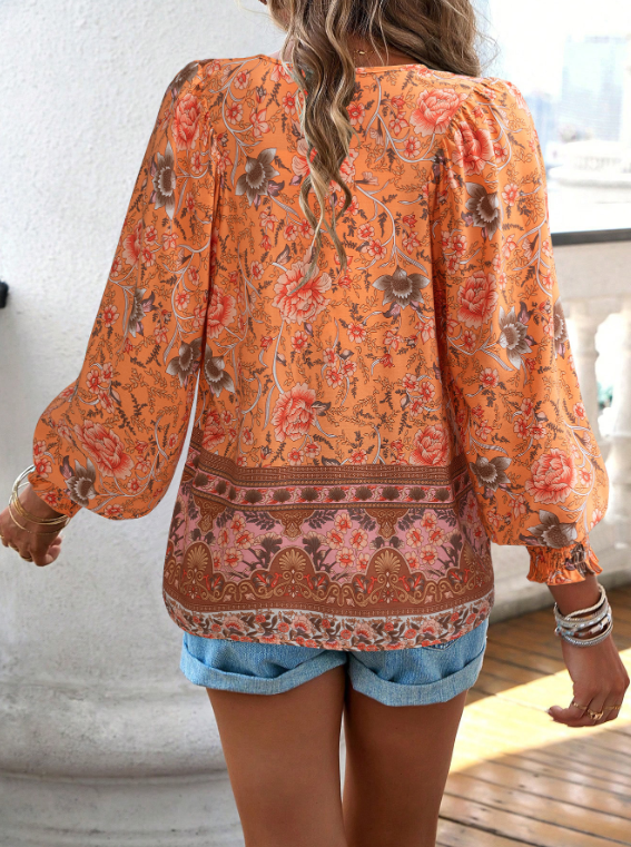 women's blouses trend 2025 Spring/Summer Bohemian Vacation Style Printed V-neck Lace up Long sleeved Shirt for Women