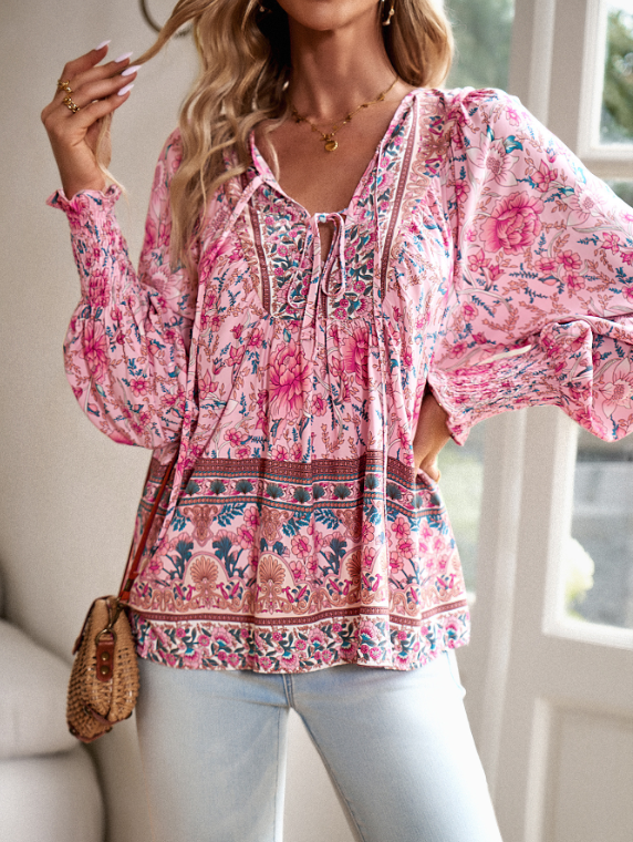 women's blouses trend 2025 Spring/Summer Bohemian Vacation Style Printed V-neck Lace up Long sleeved Shirt for Women