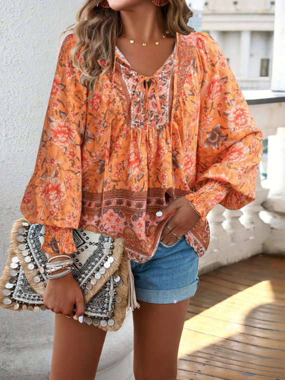 women's blouses trend 2025 Spring/Summer Bohemian Vacation Style Printed V-neck Lace up Long sleeved Shirt for Women