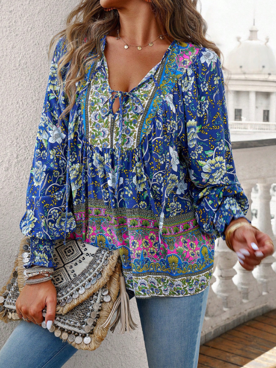 women's blouses trend 2025 Spring/Summer Bohemian Vacation Style Printed V-neck Lace up Long sleeved Shirt for Women