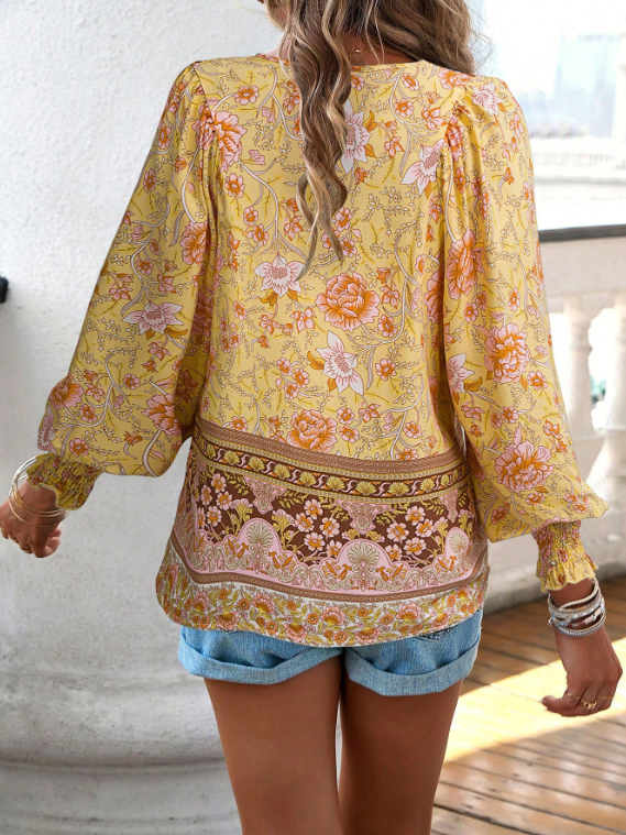 women's blouses trend 2025 Spring/Summer Bohemian Vacation Style Printed V-neck Lace up Long sleeved Shirt for Women