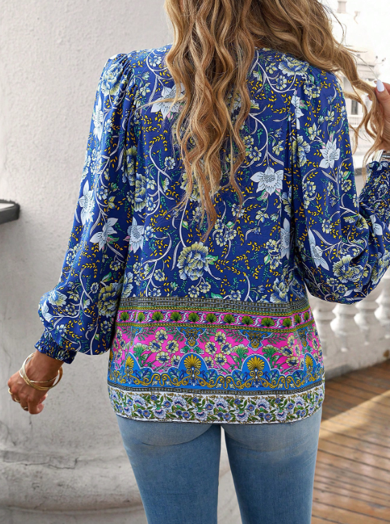 women's blouses trend 2025 Spring/Summer Bohemian Vacation Style Printed V-neck Lace up Long sleeved Shirt for Women