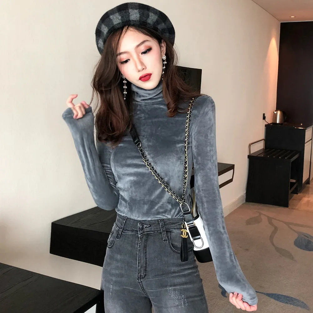Women T Shirt Warm Velvet Pullovers Tops Winter Warm Turtleneck Long Sleeve Tshirt High Collar Bottoming Slim T-shirt 2020