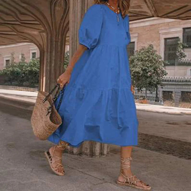 Summer Women Loose Mid-Calf Dress Vintage Lantern Sleeve Long Dresses Boho Ladies Beach DressesLoose Vestido Casual