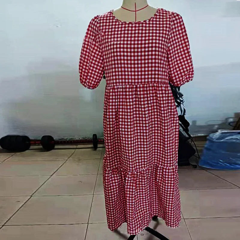 Summer Women Loose Mid-Calf Dress Vintage Lantern Sleeve Long Dresses Boho Ladies Beach DressesLoose Vestido Casual