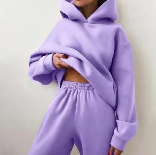 Women's Tracksuit Suit Winter Fashion Warm Hoodie Sweatshirts Two Pieces Oversized Solid Casual Hoody Pullovers Long Pant Sets