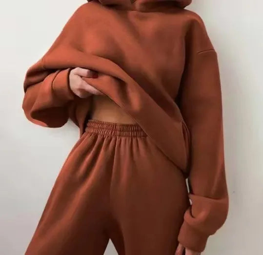 Women's Tracksuit Suit Winter Fashion Warm Hoodie Sweatshirts Two Pieces Oversized Solid Casual Hoody Pullovers Long Pant Sets