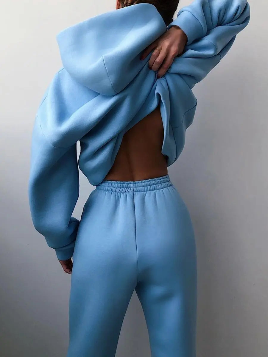 Women's Tracksuit Suit Winter Fashion Warm Hoodie Sweatshirts Two Pieces Oversized Solid Casual Hoody Pullovers Long Pant Sets