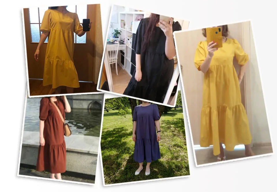 Summer Women Loose Mid-Calf Dress Vintage Lantern Sleeve Long Dresses Boho Ladies Beach DressesLoose Vestido Casual