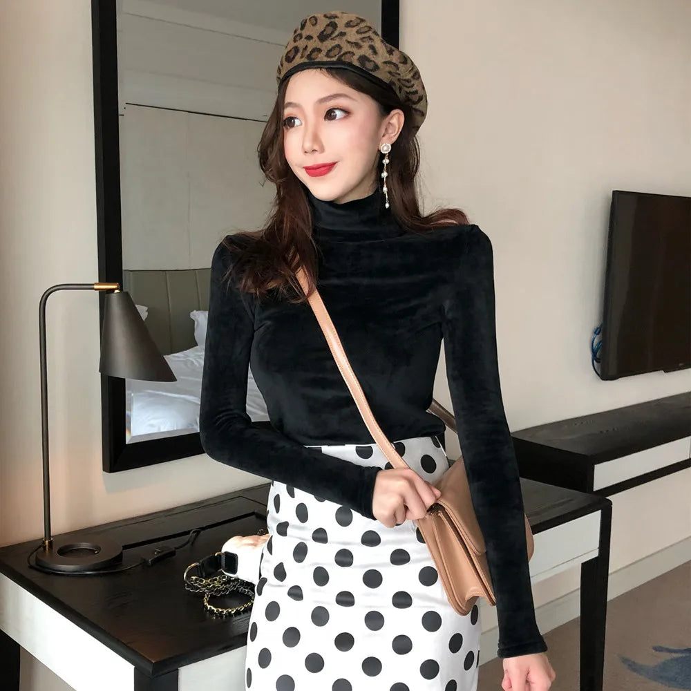 Women T Shirt Warm Velvet Pullovers Tops Winter Warm Turtleneck Long Sleeve Tshirt High Collar Bottoming Slim T-shirt 2020