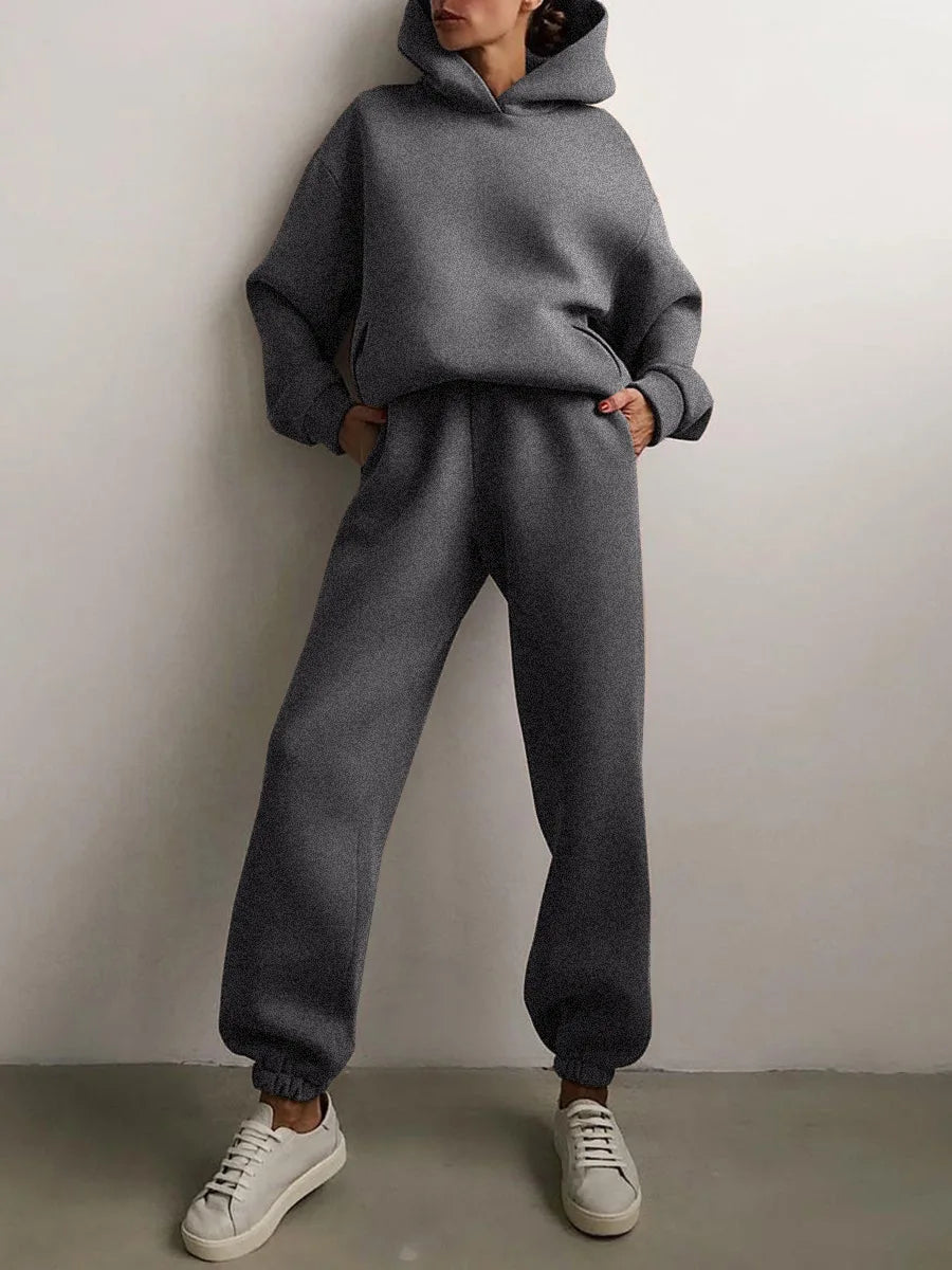 Women's Tracksuit Suit Winter Fashion Warm Hoodie Sweatshirts Two Pieces Oversized Solid Casual Hoody Pullovers Long Pant Sets