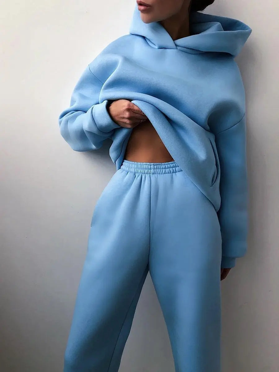 Women's Tracksuit Suit Winter Fashion Warm Hoodie Sweatshirts Two Pieces Oversized Solid Casual Hoody Pullovers Long Pant Sets