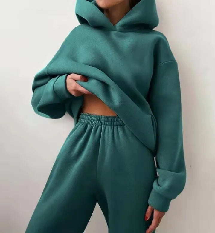 Women's Tracksuit Suit Winter Fashion Warm Hoodie Sweatshirts Two Pieces Oversized Solid Casual Hoody Pullovers Long Pant Sets