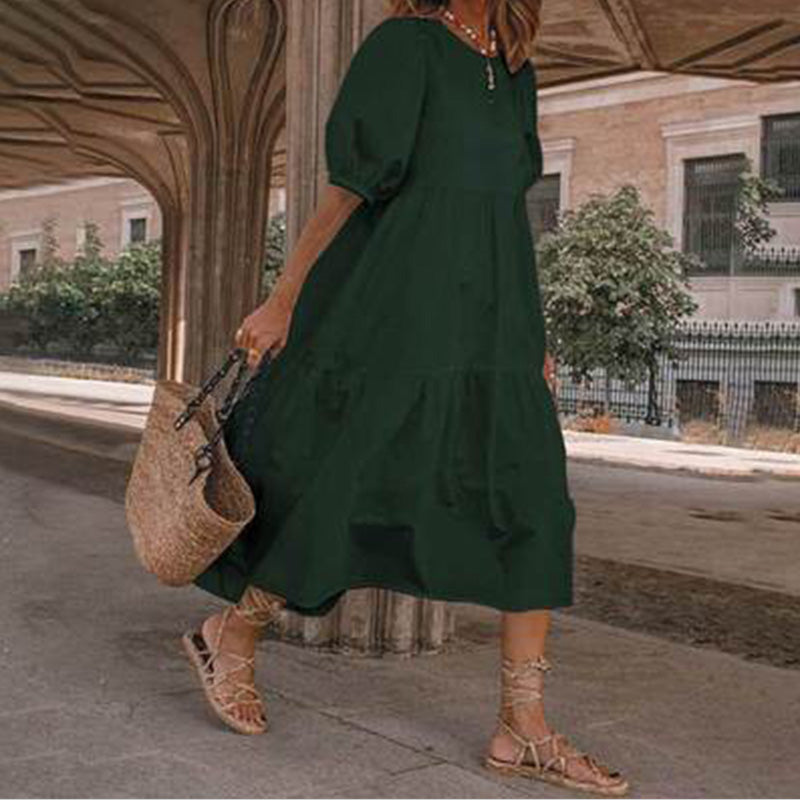 Summer Women Loose Mid-Calf Dress Vintage Lantern Sleeve Long Dresses Boho Ladies Beach DressesLoose Vestido Casual