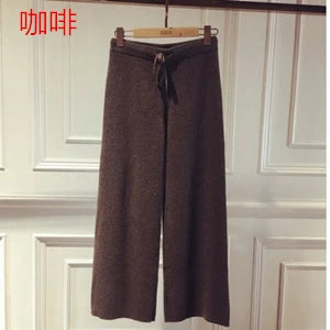 Women Pants 2020 New Winter Soft Waxy Comfortable High-Waist Cashmere Knitted Trousers Female Solid Color Casual Wide Leg Pants