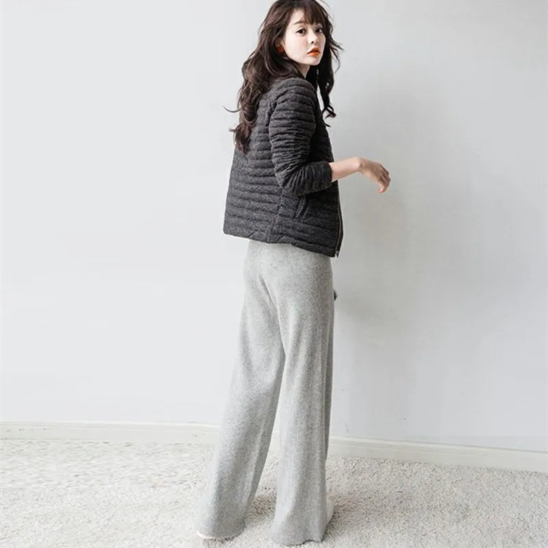 Women Pants 2020 New Winter Soft Waxy Comfortable High-Waist Cashmere Knitted Trousers Female Solid Color Casual Wide Leg Pants
