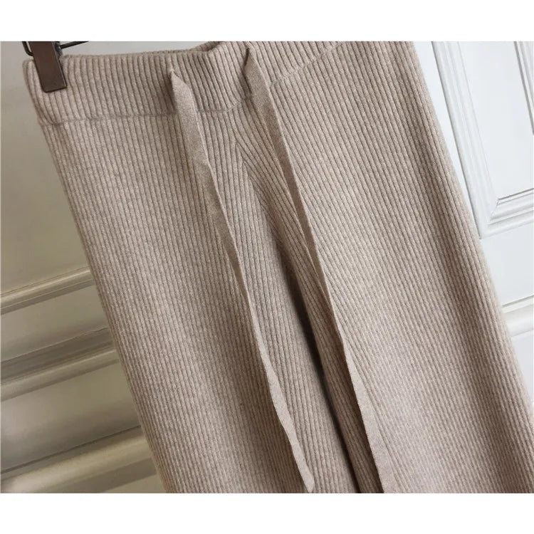 Women Pants 2020 New Winter Soft Waxy Comfortable High-Waist Cashmere Knitted Trousers Female Solid Color Casual Wide Leg Pants