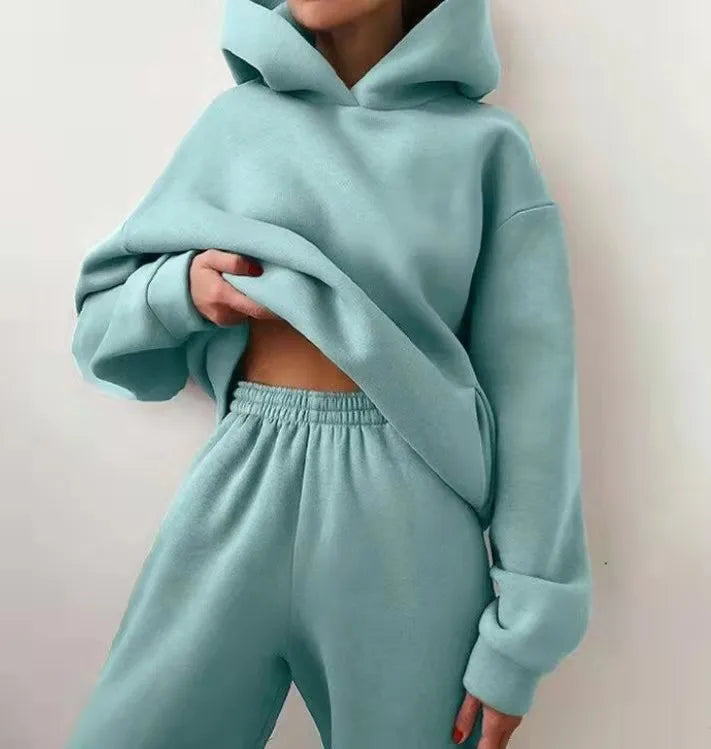 Women's Tracksuit Suit Winter Fashion Warm Hoodie Sweatshirts Two Pieces Oversized Solid Casual Hoody Pullovers Long Pant Sets