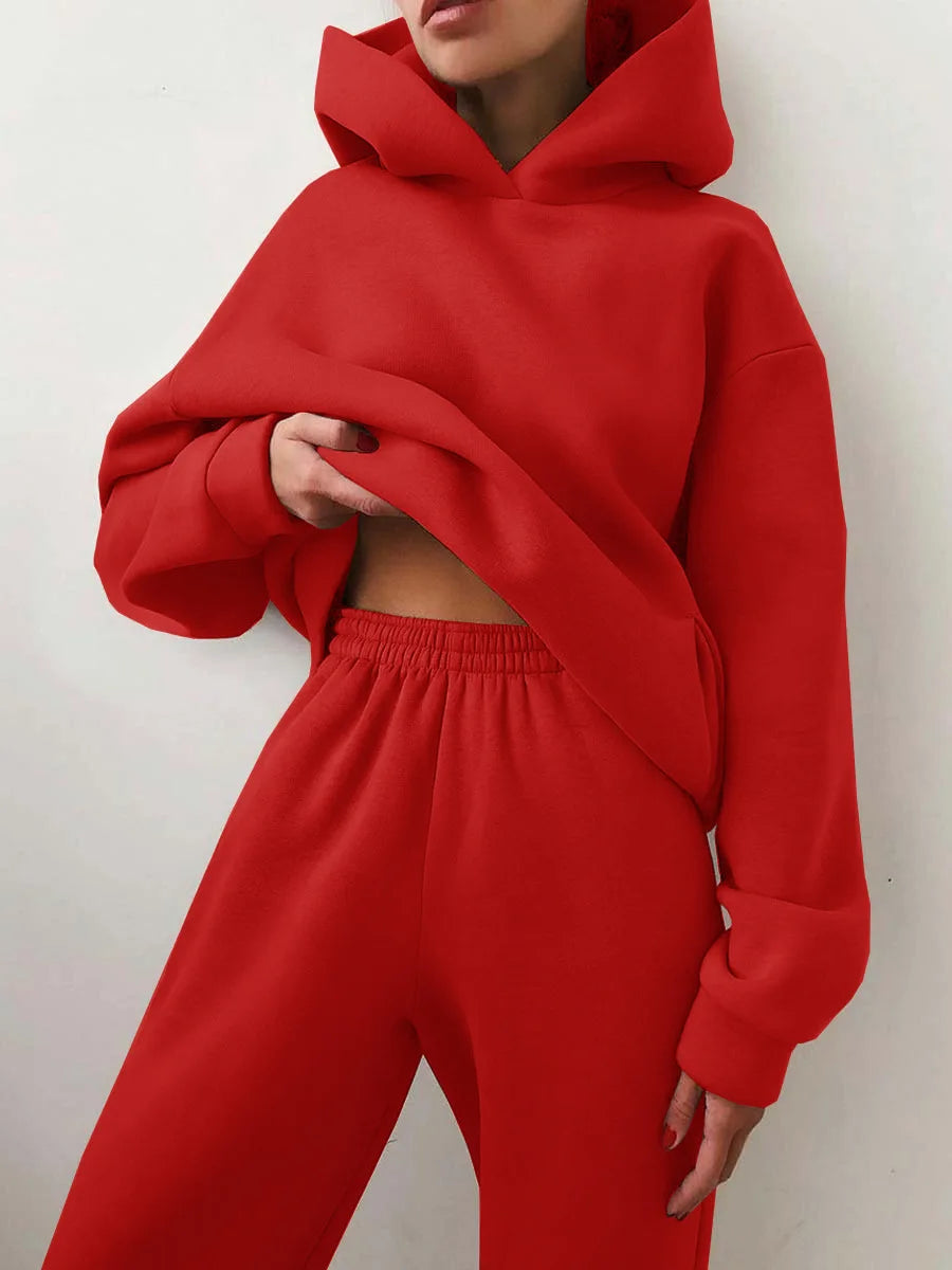 Women's Tracksuit Suit Winter Fashion Warm Hoodie Sweatshirts Two Pieces Oversized Solid Casual Hoody Pullovers Long Pant Sets