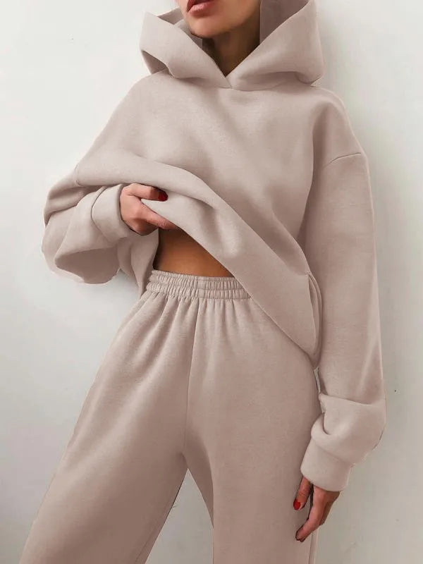 Women's Tracksuit Suit Winter Fashion Warm Hoodie Sweatshirts Two Pieces Oversized Solid Casual Hoody Pullovers Long Pant Sets