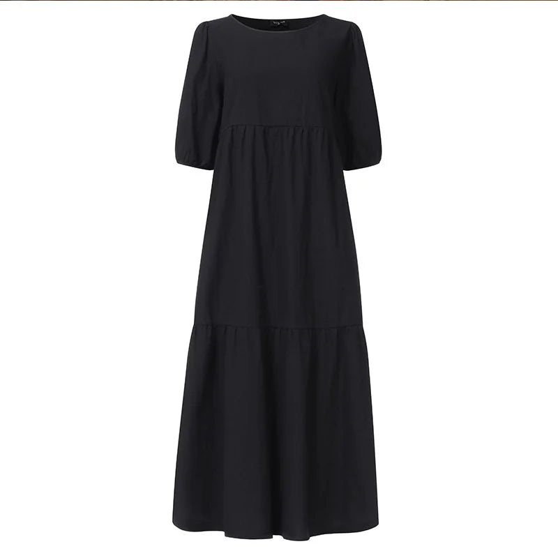 Summer Women Loose Mid-Calf Dress Vintage Lantern Sleeve Long Dresses Boho Ladies Beach DressesLoose Vestido Casual