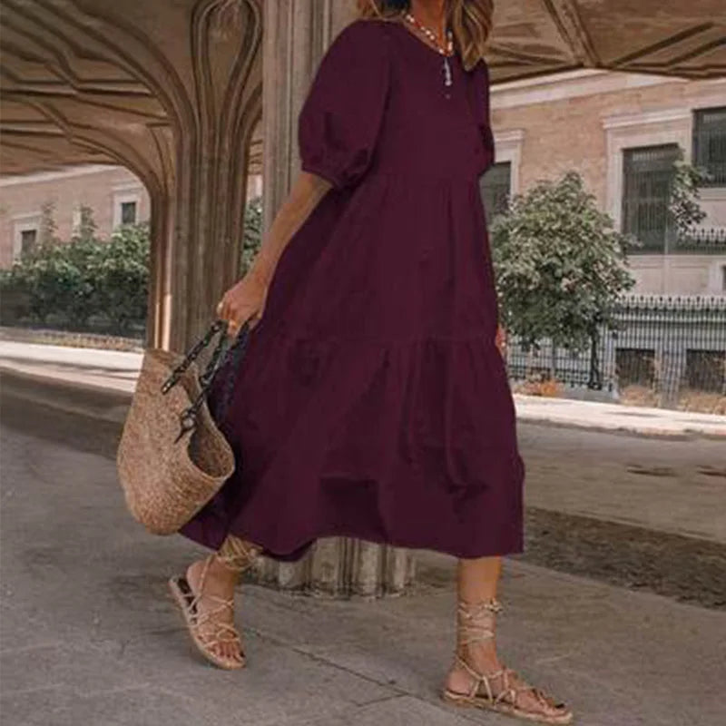 Summer Women Loose Mid-Calf Dress Vintage Lantern Sleeve Long Dresses Boho Ladies Beach DressesLoose Vestido Casual