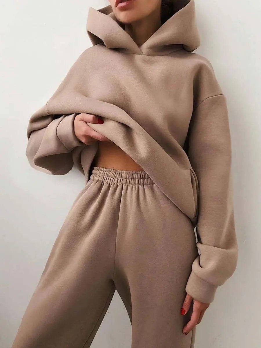 Women's Tracksuit Suit Winter Fashion Warm Hoodie Sweatshirts Two Pieces Oversized Solid Casual Hoody Pullovers Long Pant Sets