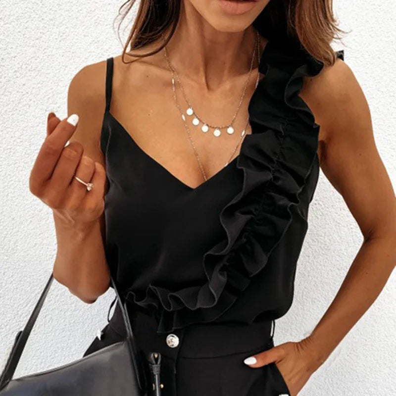 2025 Women Summer Blouse Shirts Sexy V Neck Ruffle Blouses Backless Spaghetti Strap Office Ladies Sleeveless Casual Tops