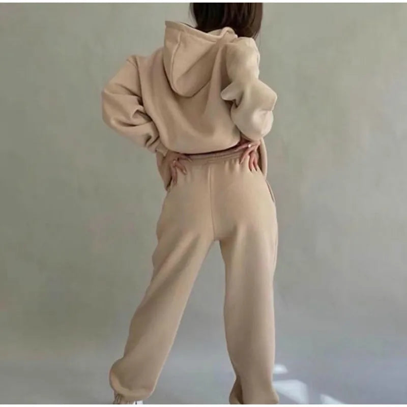 Women's Tracksuit Suit Winter Fashion Warm Hoodie Sweatshirts Two Pieces Oversized Solid Casual Hoody Pullovers Long Pant Sets