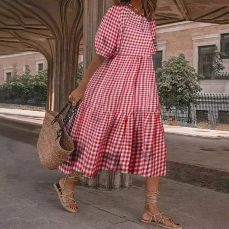 Summer Women Loose Mid-Calf Dress Vintage Lantern Sleeve Long Dresses Boho Ladies Beach DressesLoose Vestido Casual