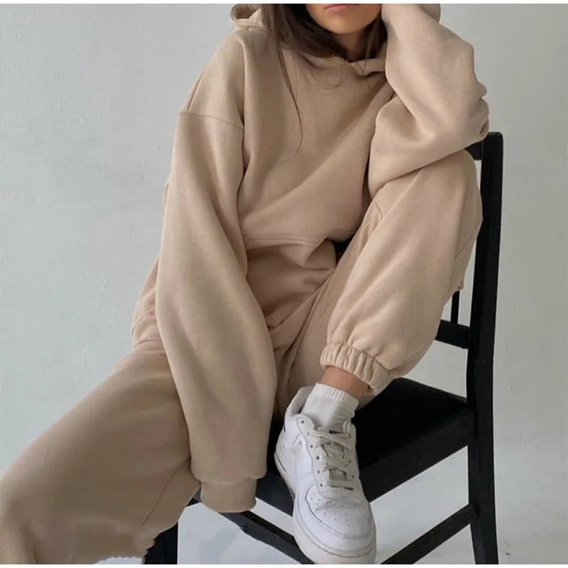 Women's Tracksuit Suit Winter Fashion Warm Hoodie Sweatshirts Two Pieces Oversized Solid Casual Hoody Pullovers Long Pant Sets