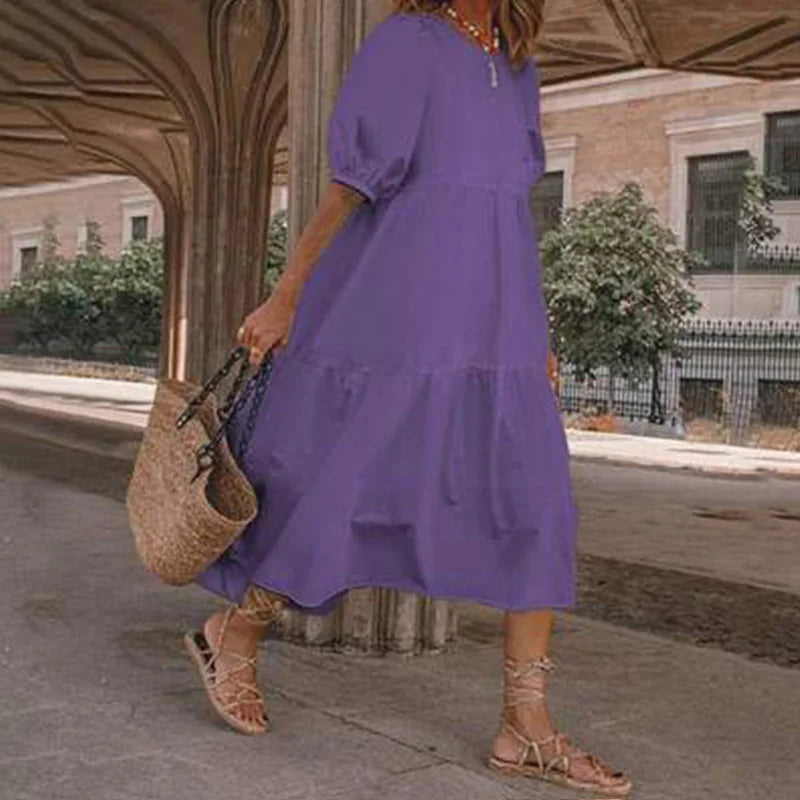 Summer Women Loose Mid-Calf Dress Vintage Lantern Sleeve Long Dresses Boho Ladies Beach DressesLoose Vestido Casual