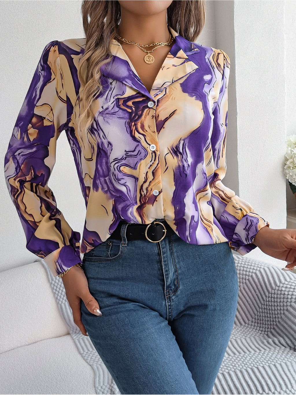Autumn Winter Contrasting Color Shirts Women 2025 Casual Notched Long Sleeve Single Breasted Blouse Elegant Office Lady Clothes