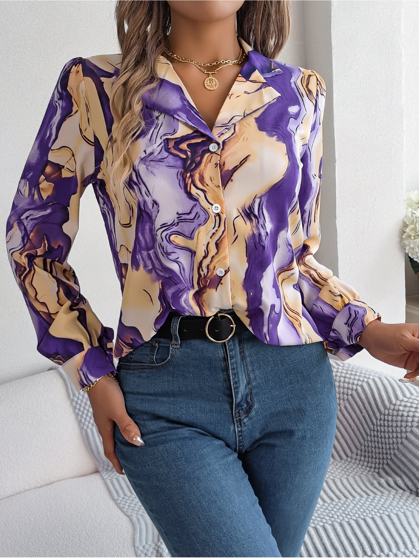 Autumn Winter Contrasting Color Shirts Women 2025 Casual Notched Long Sleeve Single Breasted Blouse Elegant Office Lady Clothes