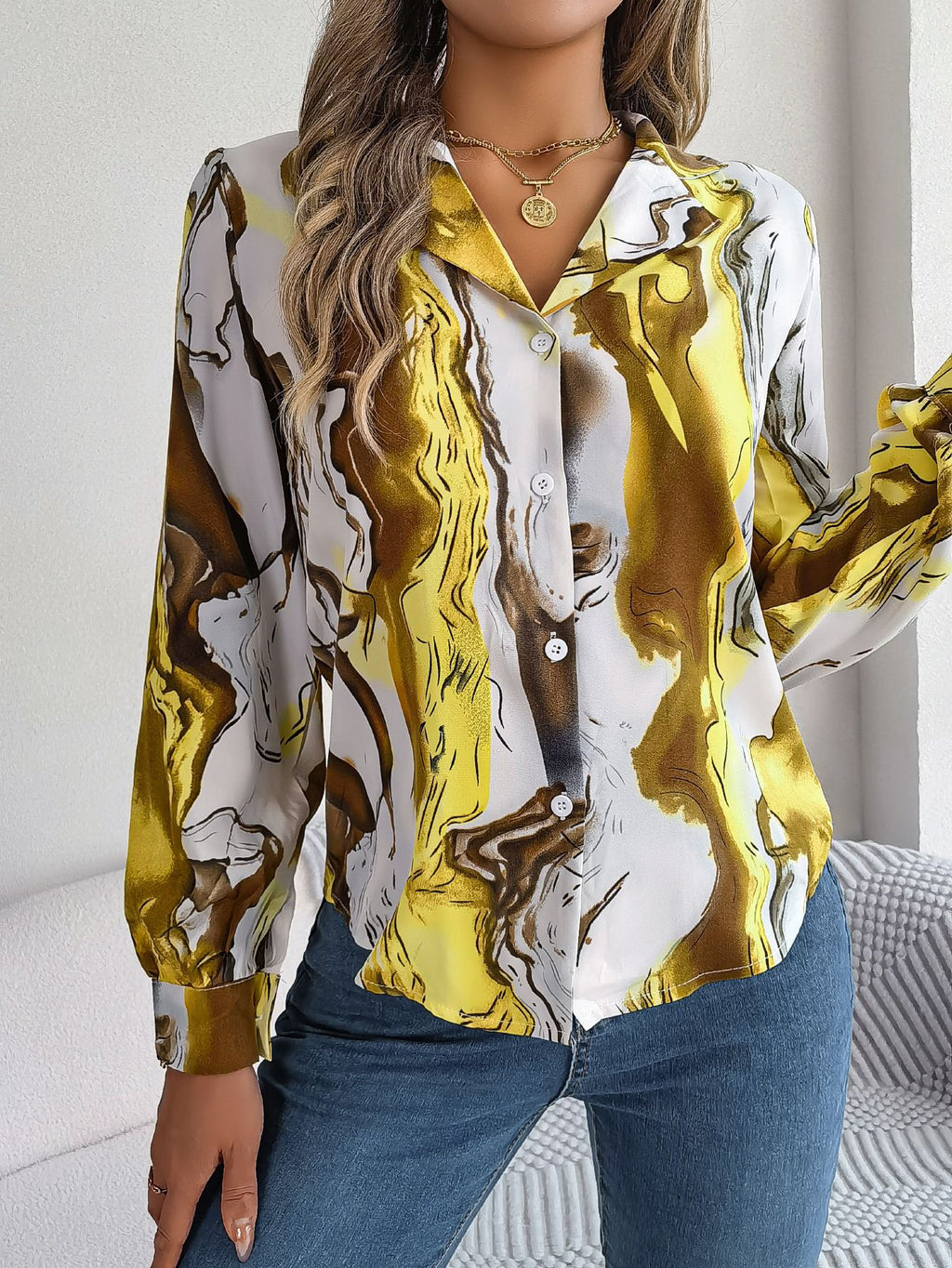 Autumn Winter Contrasting Color Shirts Women 2025 Casual Notched Long Sleeve Single Breasted Blouse Elegant Office Lady Clothes