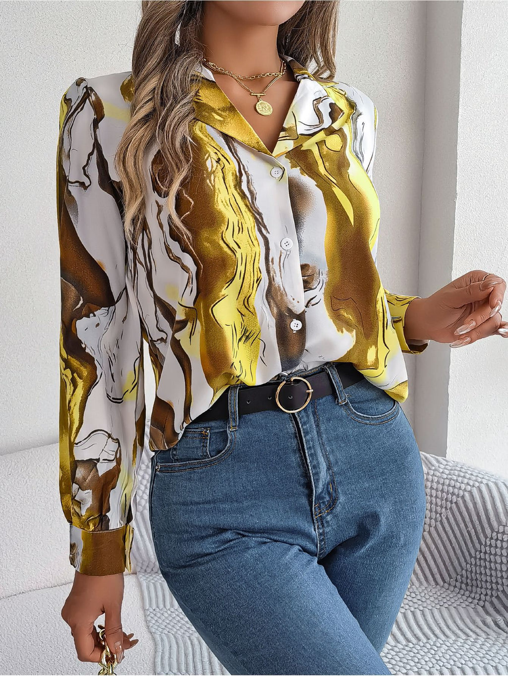 Autumn Winter Contrasting Color Shirts Women 2025 Casual Notched Long Sleeve Single Breasted Blouse Elegant Office Lady Clothes