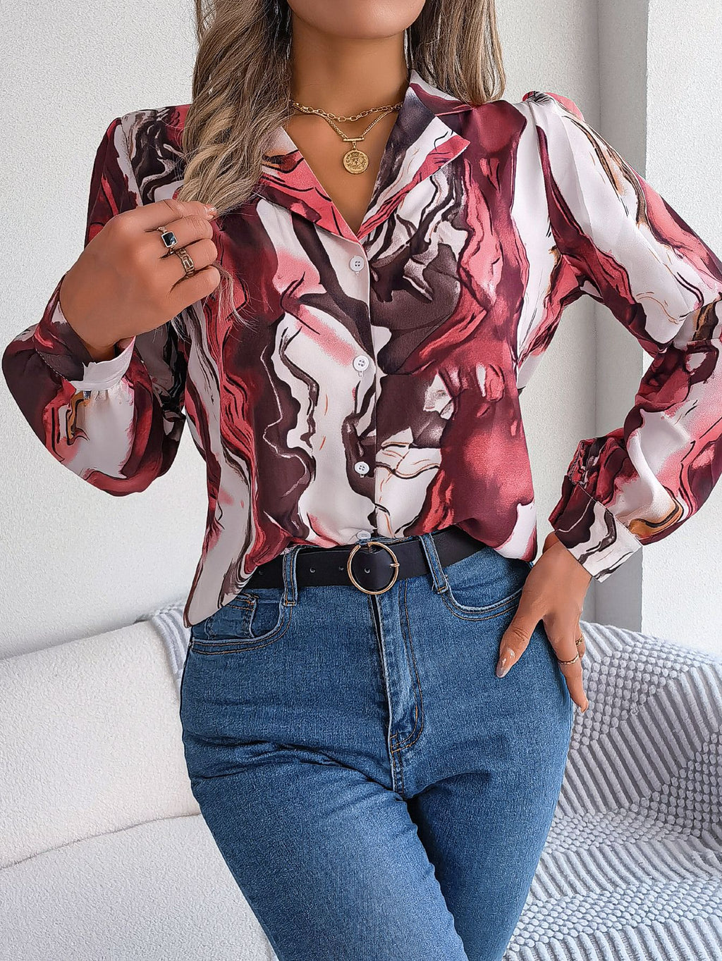 Autumn Winter Contrasting Color Shirts Women 2025 Casual Notched Long Sleeve Single Breasted Blouse Elegant Office Lady Clothes