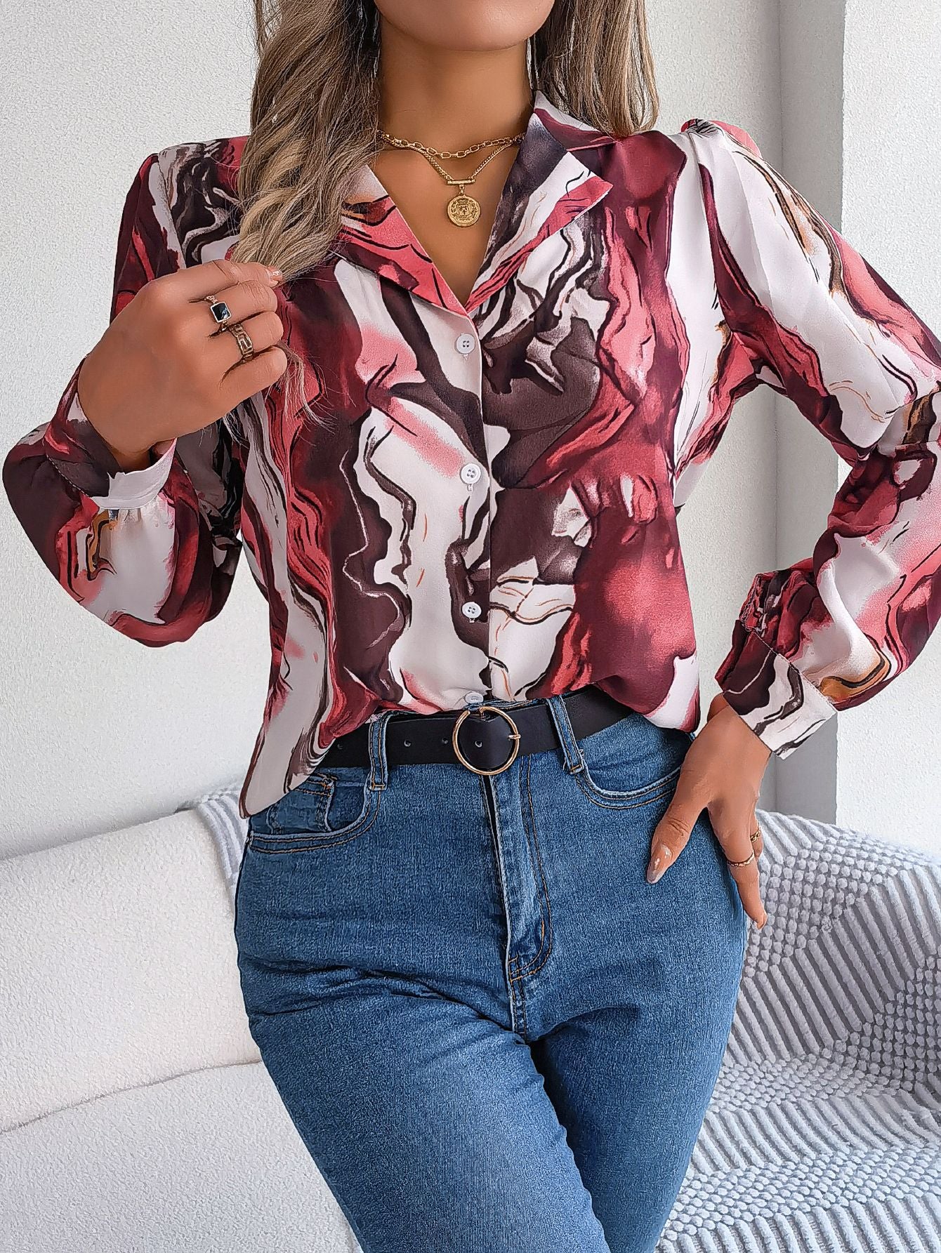 Autumn Winter Contrasting Color Shirts Women 2025 Casual Notched Long Sleeve Single Breasted Blouse Elegant Office Lady Clothes