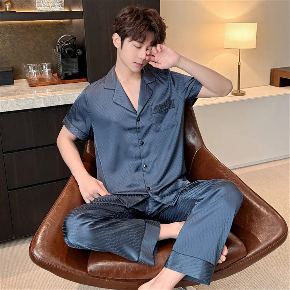 Women Men Pajamas Short Sleeved Shirt Trousers Ice Silk Sleepwear Loungewear Nightwear Homewear