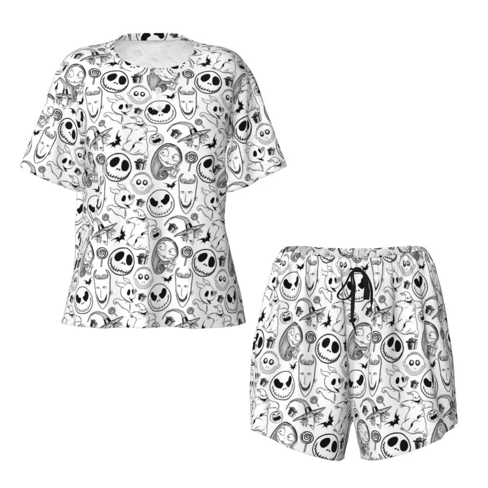 Women's Nightmare Before Christmas Jack Skellington Pajamas Set Printed 2 Piece Pjs Sets Short Sleeve Sleepwear Loungewear