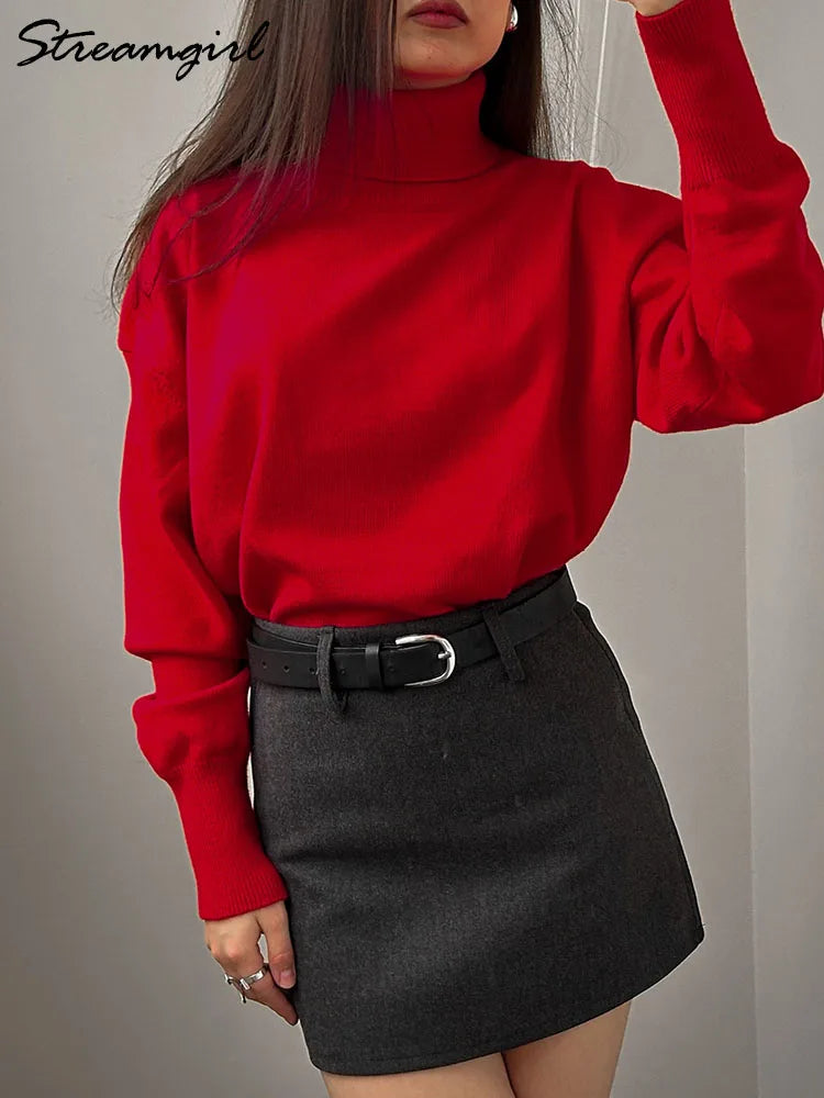 Basic Red Turtleneck Sweater Women Trends 2025 Winter Pullovers Oversize Sweater Woman Jumper Women's Turtleenck Sweaters Coffee