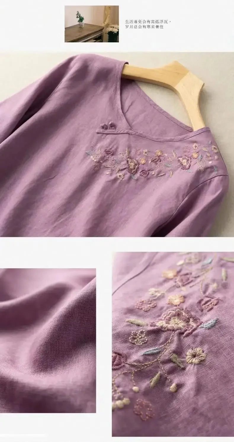 T-shirt Top for Women in Summer 2025 New Loose Slim Round Neck Retro Style Embroidered Quarter Sleeve Shirt