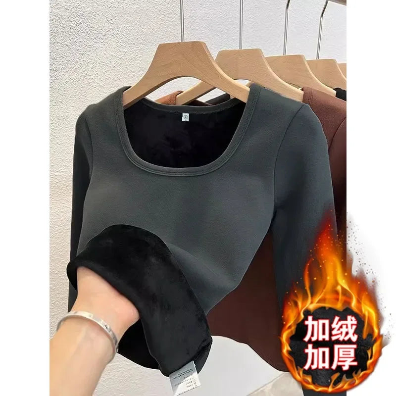 Winter Women Thermal Underwear Tops Square Collar Fleece Basic Pullover Autumn Crewneck Fashion Top Casual Thermal Shirt Women