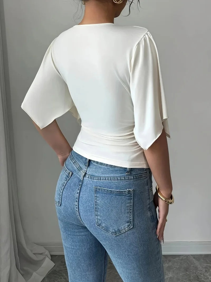 Shirts for Women Summer Solid Colour Casual Fashion Flared Sleeve Slim Deep V Neck Sexy T-Shirt Top Women Clothes Y2k Tops