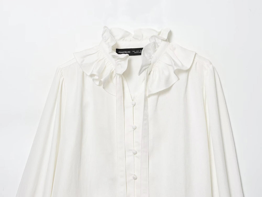 Winter new women's casual versatile temperament simple and fashionable long sleeved single breasted pleated collar top