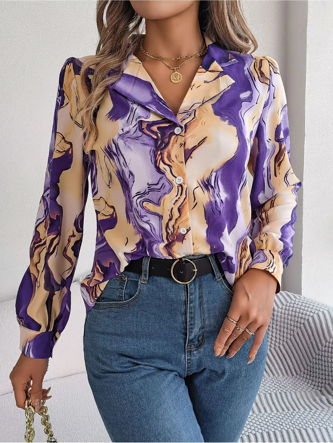 Autumn Winter Contrasting Color Shirts Women 2025 Casual Notched Long Sleeve Single Breasted Blouse Elegant Office Lady Clothes