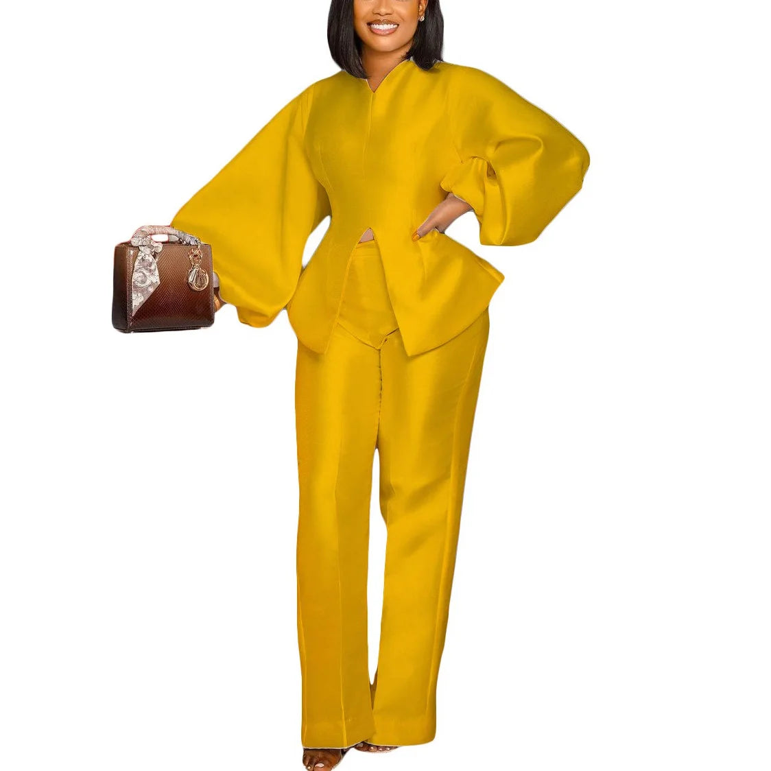 2 Pieces Pants Sets For Women Outfits Solid Satin Blouse & Long Trousers Fashion African Laides Office Work Wear Matching Sets