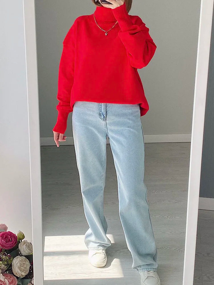 Basic Red Turtleneck Sweater Women Trends 2025 Winter Pullovers Oversize Sweater Woman Jumper Women's Turtleenck Sweaters Coffee