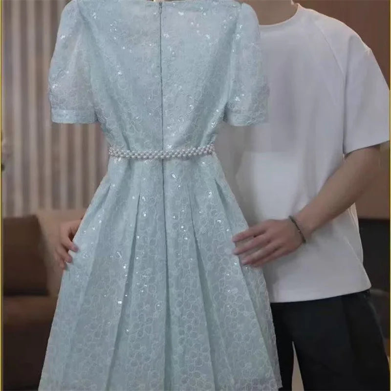 Dress For Women In Summer 2025 Light Luxury Temperament Heavy Industry Sequins Elegant and Niche Waist Hugging Dress Short Skirt