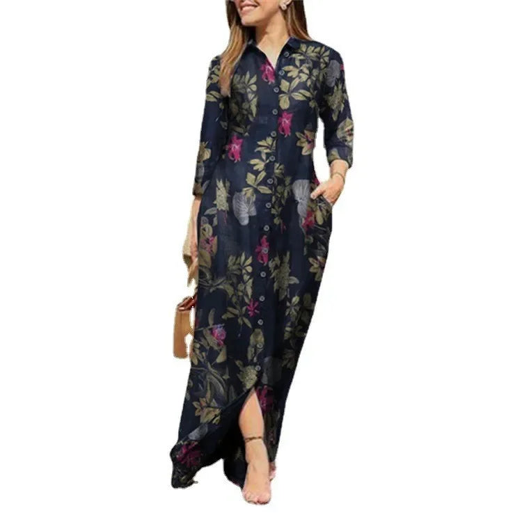 Fashion Summer Dresses 2024 New Women's Printed Elegant Robe Flip Collar Single Breasted Elegant Commuter Long Dress